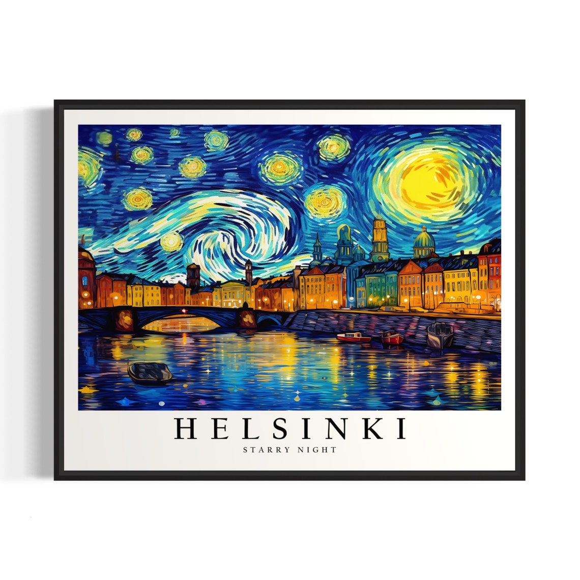 Helsinki Starry Night Harbor Bridge Waterfront Boats Night Poster