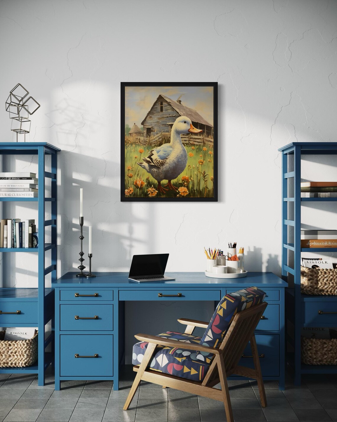 White Farm Duck in a Flower Meadow Before a Barn Vintage Poster - Image 3