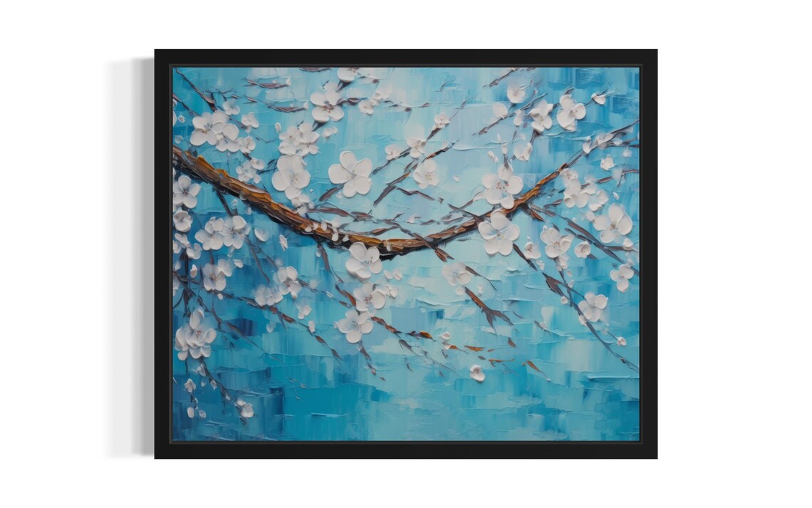 Blue Cherry Blossom Abstract Art Print Wall Poster Original Paint Artwork Decor