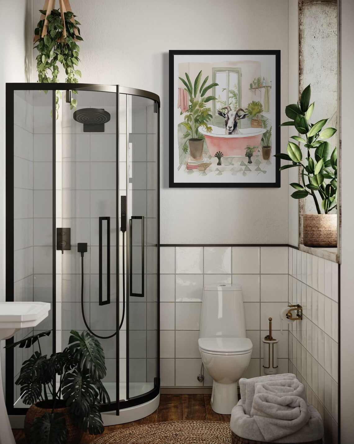Curious Goat Sitting in a Pink Bathtub Watercolor Bathroom Poster - Image 3