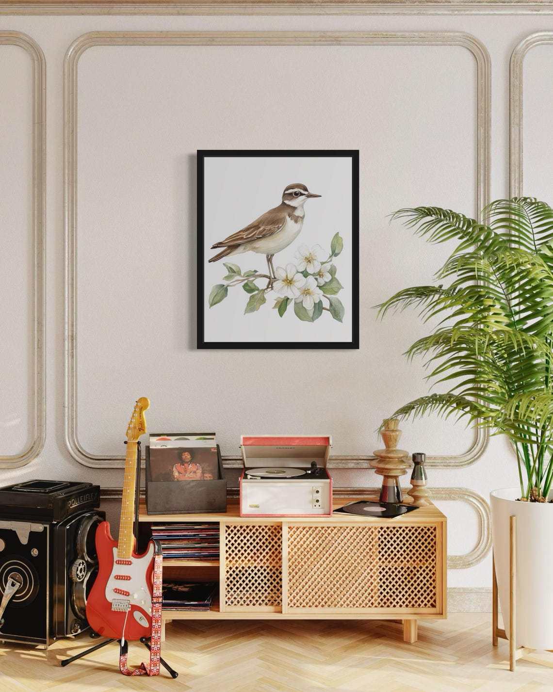 Killdeer Shorebird on a White Blossom Branch Watercolor Poster - Image 4