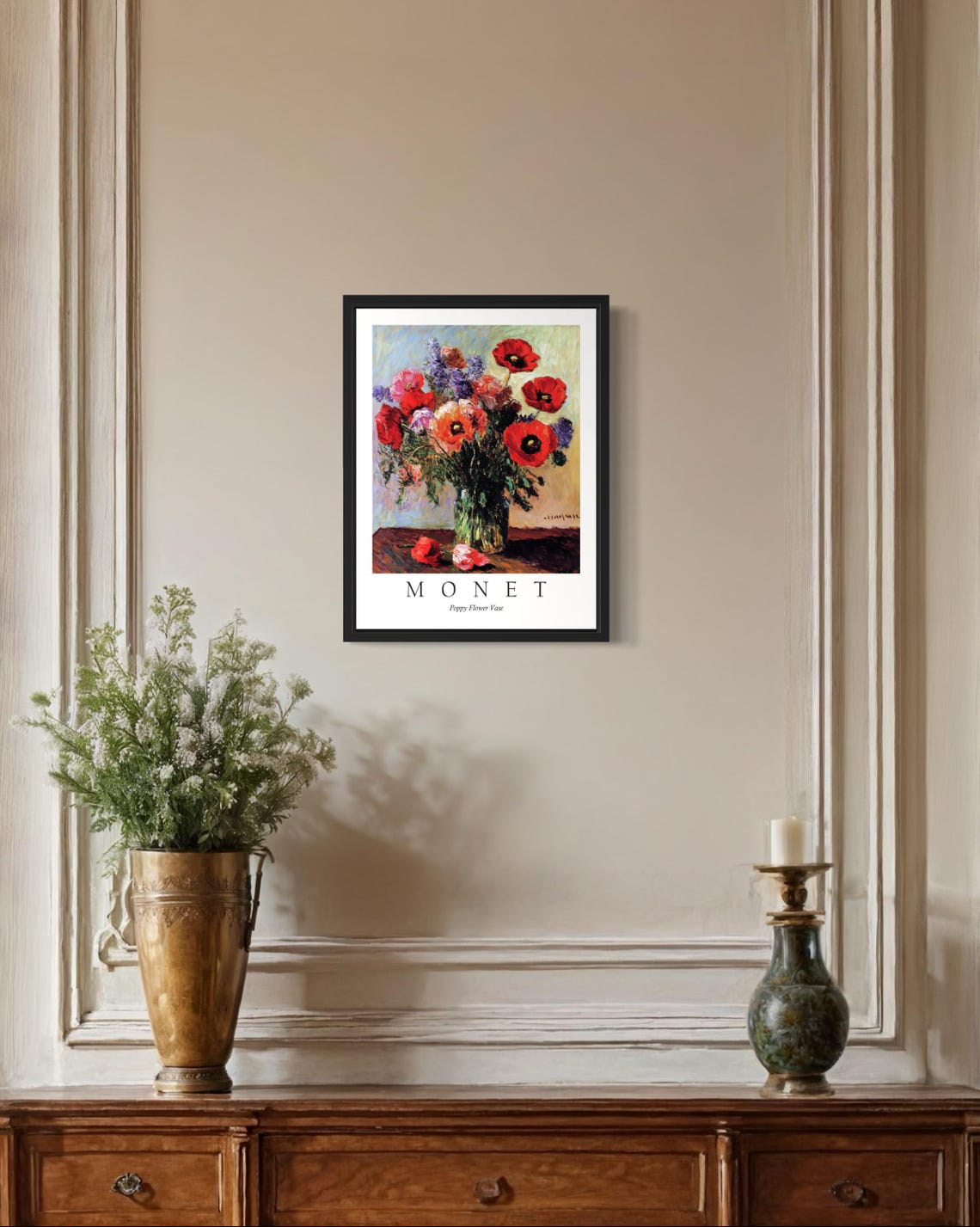 Red Poppy Bouquet in a Clear Glass Vase Monet Style Flower Poster - Image 3