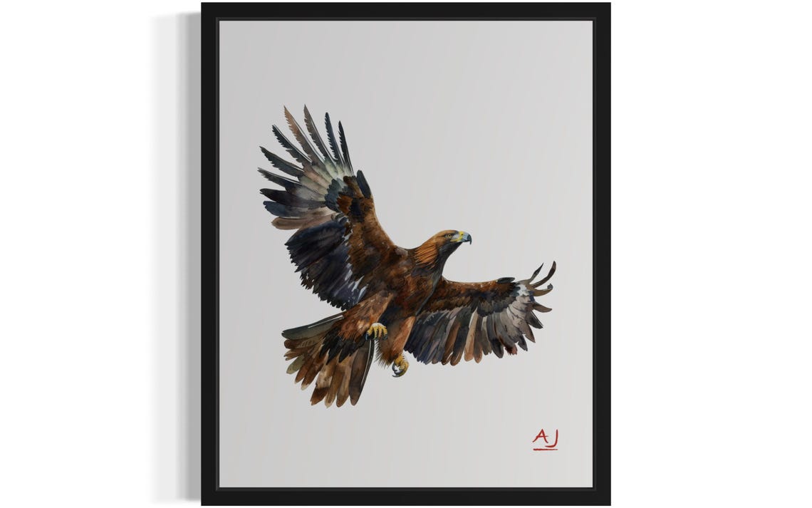 Golden Eagle Soaring With Spread Wings Watercolor Art Poster
