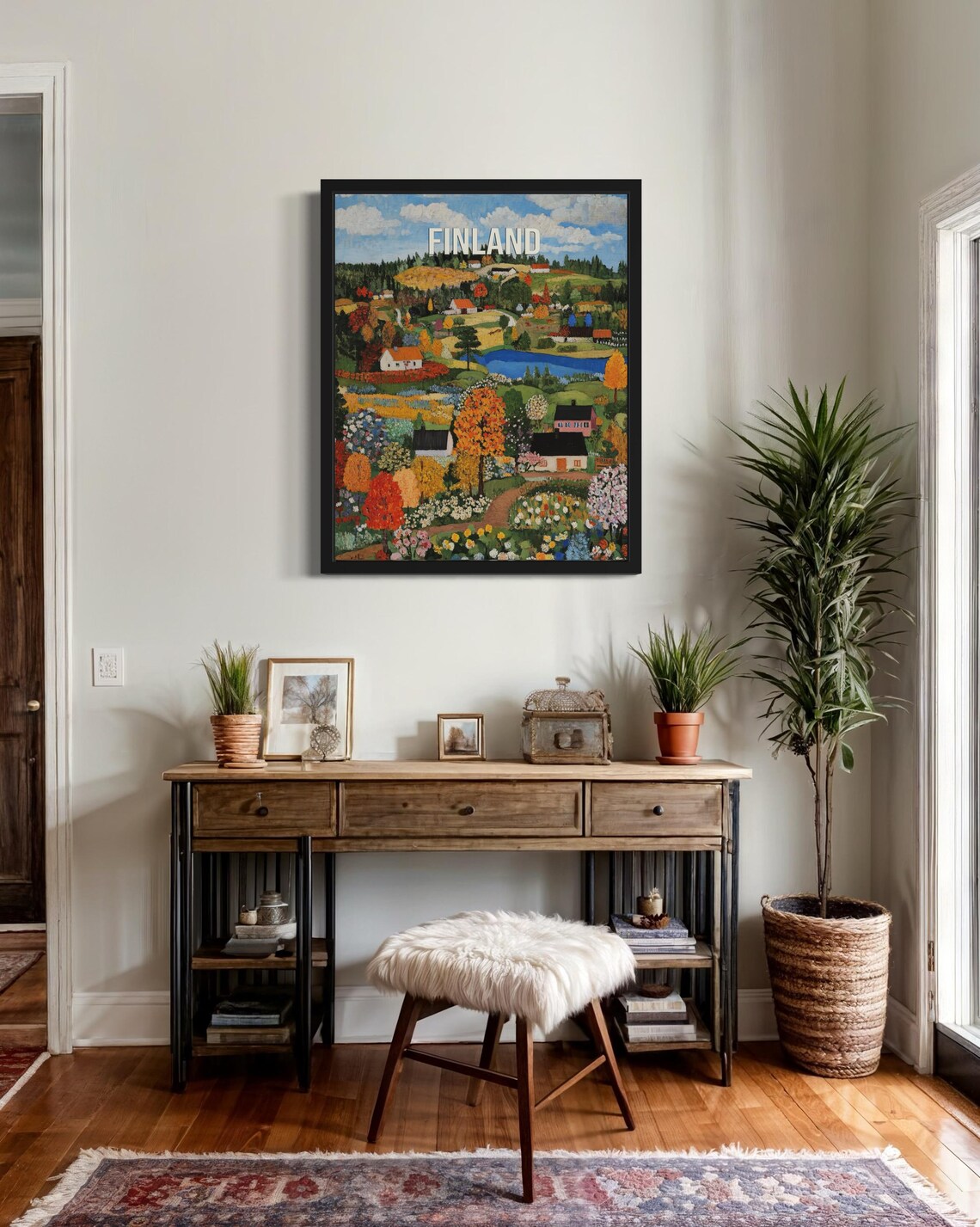 Finland Jewel Blue Lake Autumn Village Naive Folk Art Poster - Image 3