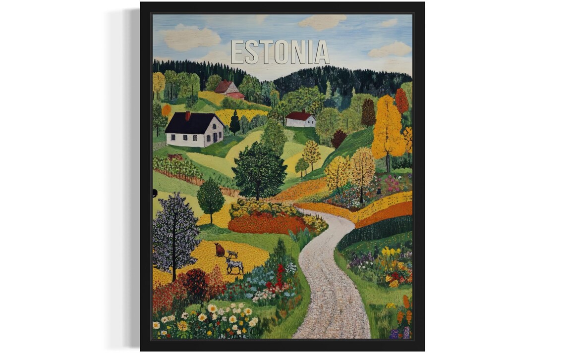 Estonia Winding Country Road Through Flower Meadows Folk Art Poster