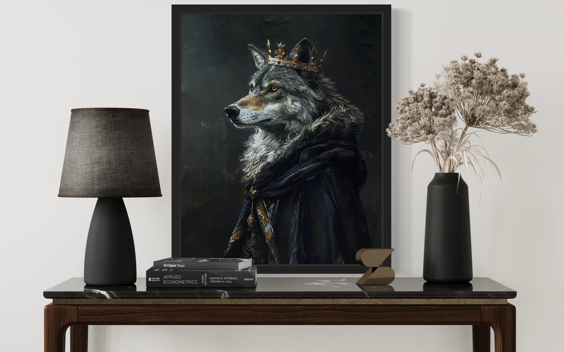 Crowned Gray Wolf King In Gold Embroidered Robe Gothic Portrait Poster - Image 2