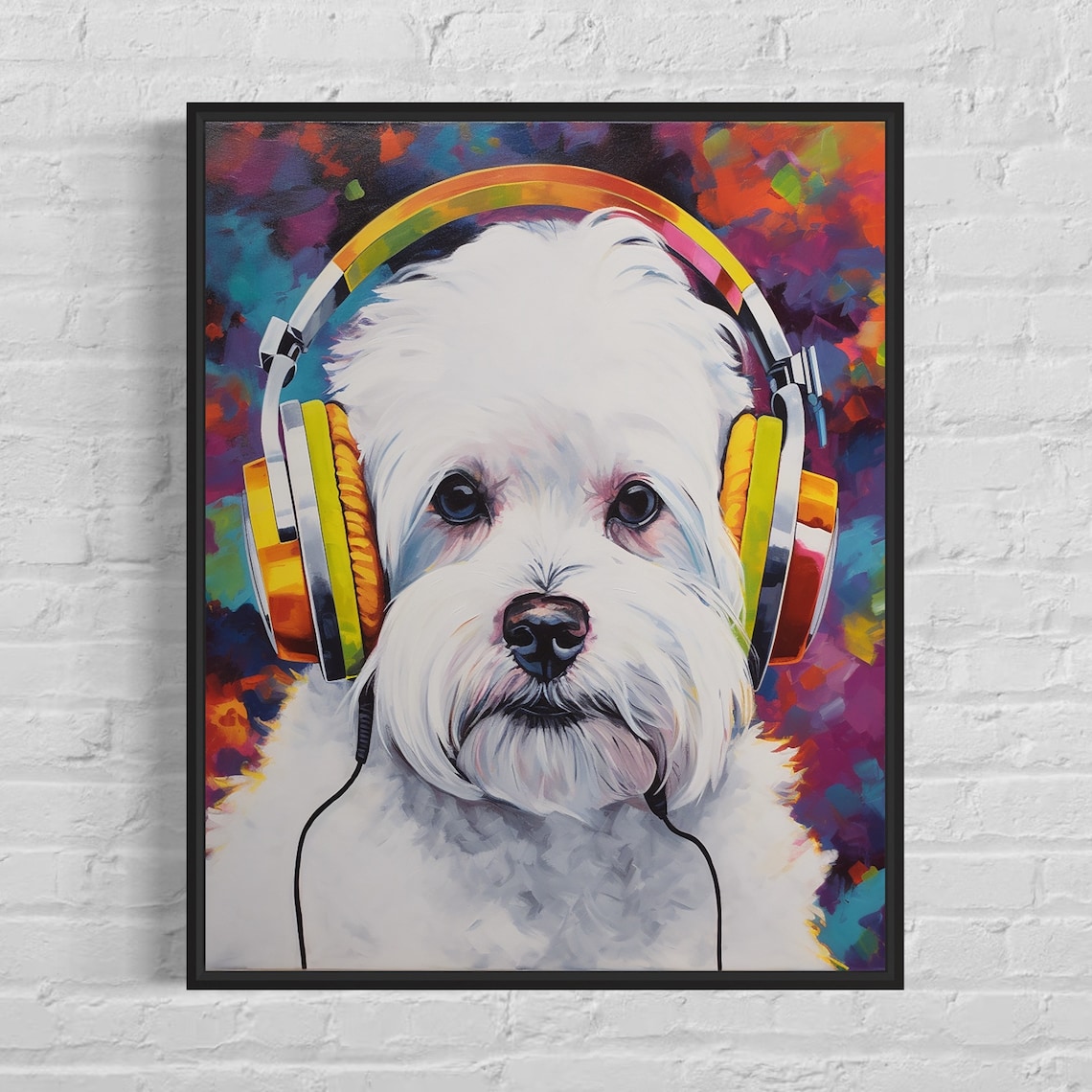 Maltese Dog Wearing Rainbow Headphones Splatter Pop Art Poster