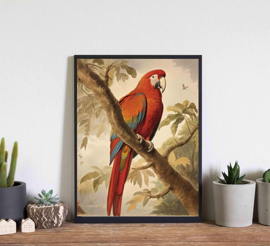 Scarlet Macaw Gripping a Jungle Branch Vintage Parrot Art Poster - Image 4