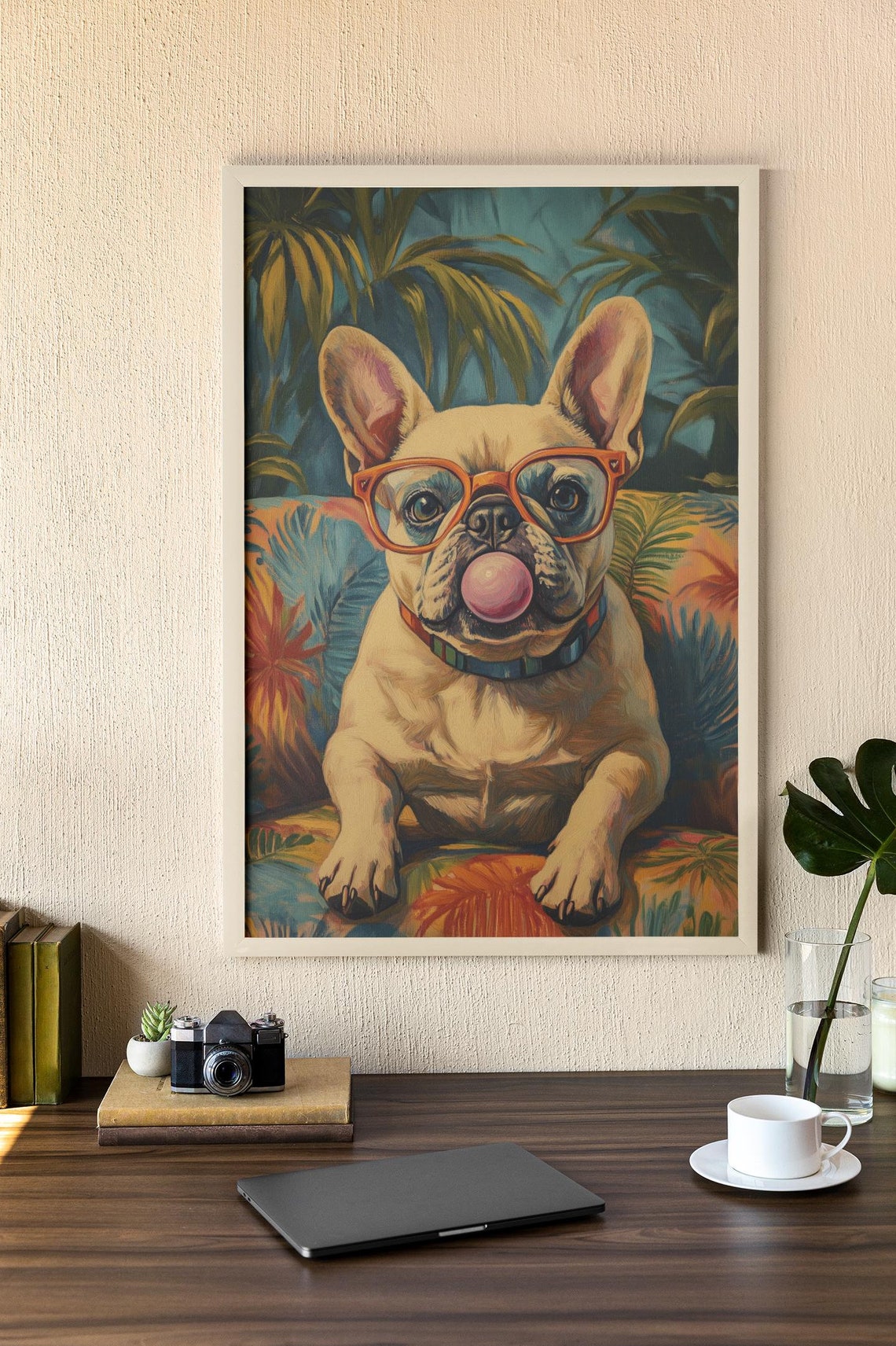 Colorful French Bulldog Wall Art Oil Painting Print Of French Bulldog With Glasses And Bubble Gum Whimsical Dog Poster For Home Decor