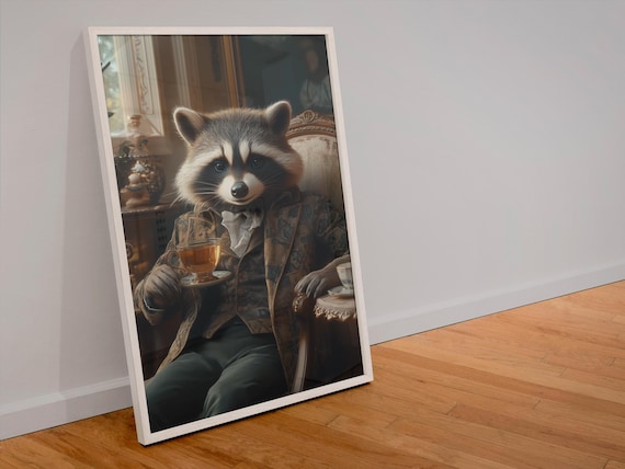 Raccoon in Suit Drinking Tea Victorian Gentleman Funny Animal Art Poster