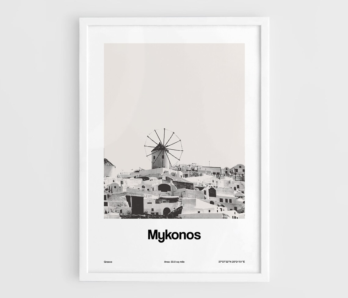 Mykonos Town Skyline Poster, Minimalist Travel Poster