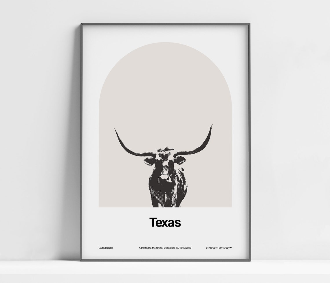 Texas Longhorn Arch, Minimalist Texas Travel Poster