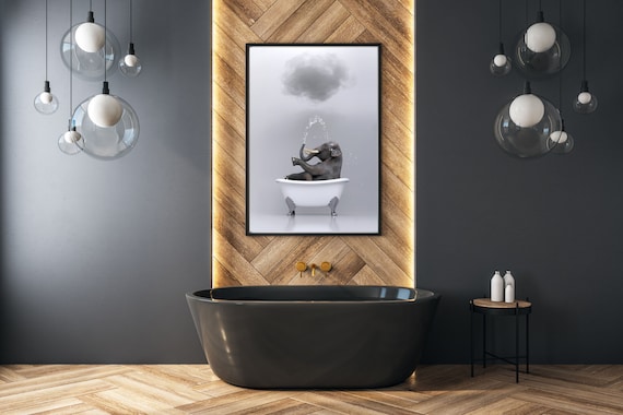 Elephant In Bathtub Cute Black And White Bathroom Humor Poster