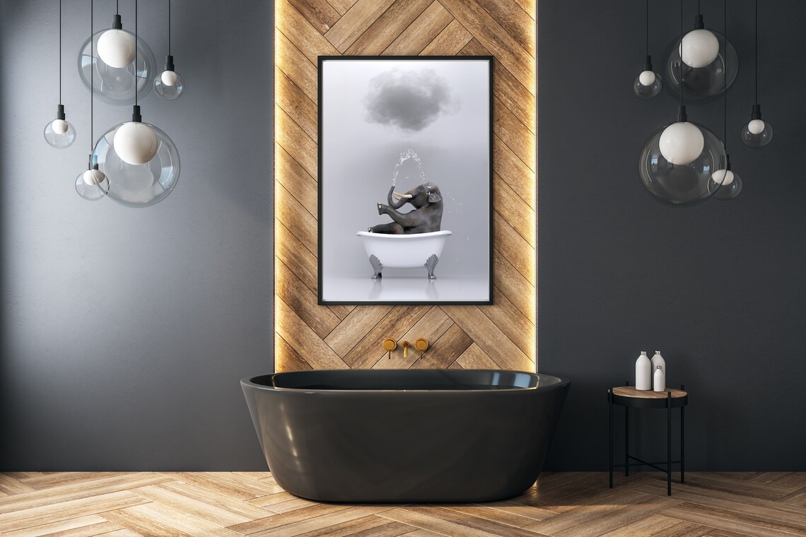 Elephant In Bathtub Cute Black And White Bathroom Humor Poster