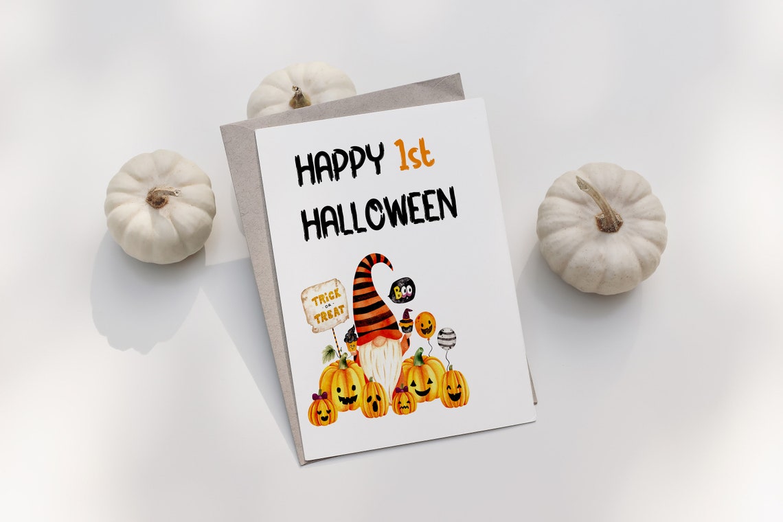 Happy 1st Halloween Gonk with Pumpkins Cute Baby First Card Poster