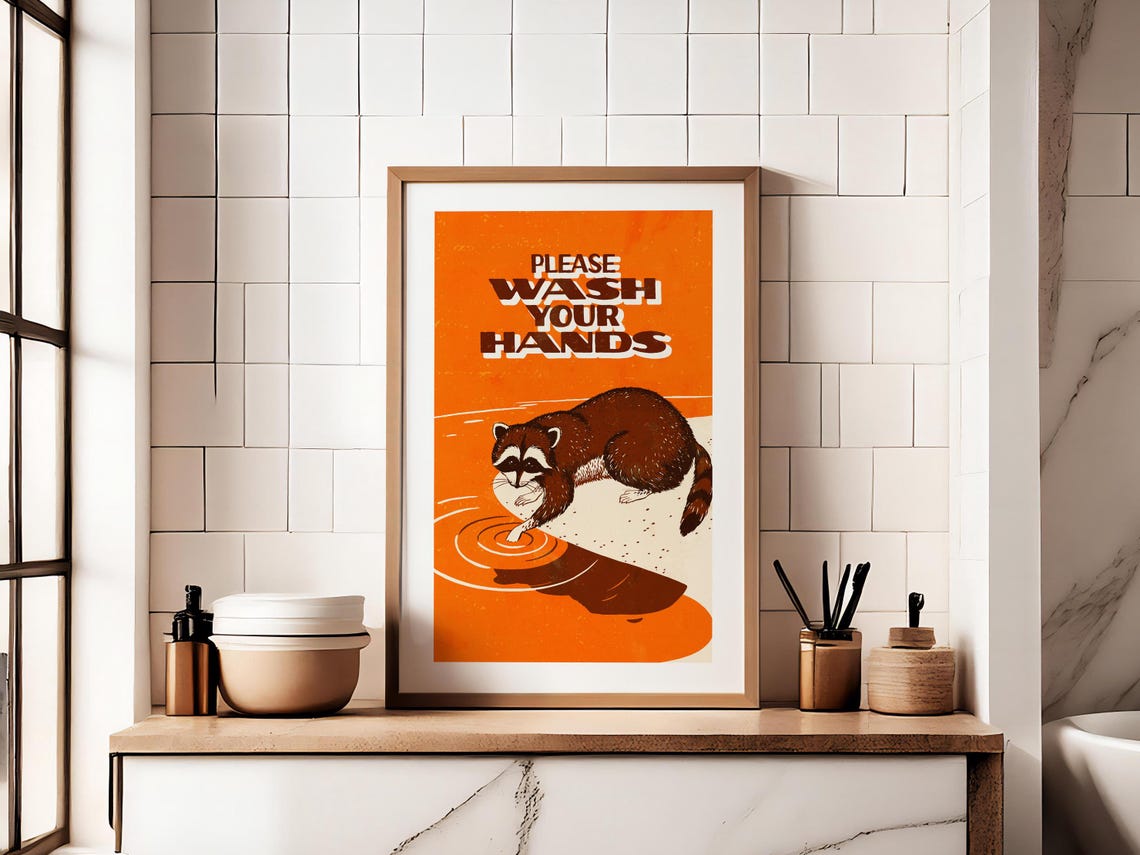 Please Wash Your Hands Raccoon Bathroom Sign Wall Decor Poster - Image 2