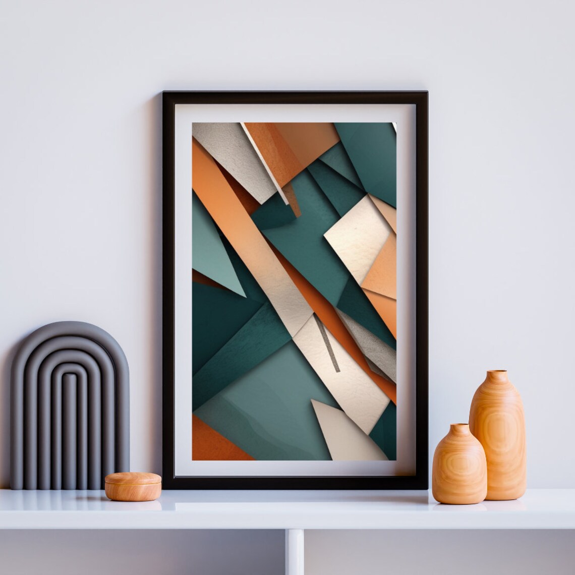 Teal Orange Geometric Folded Paper Shapes Modern Abstract Art Poster - Image 2