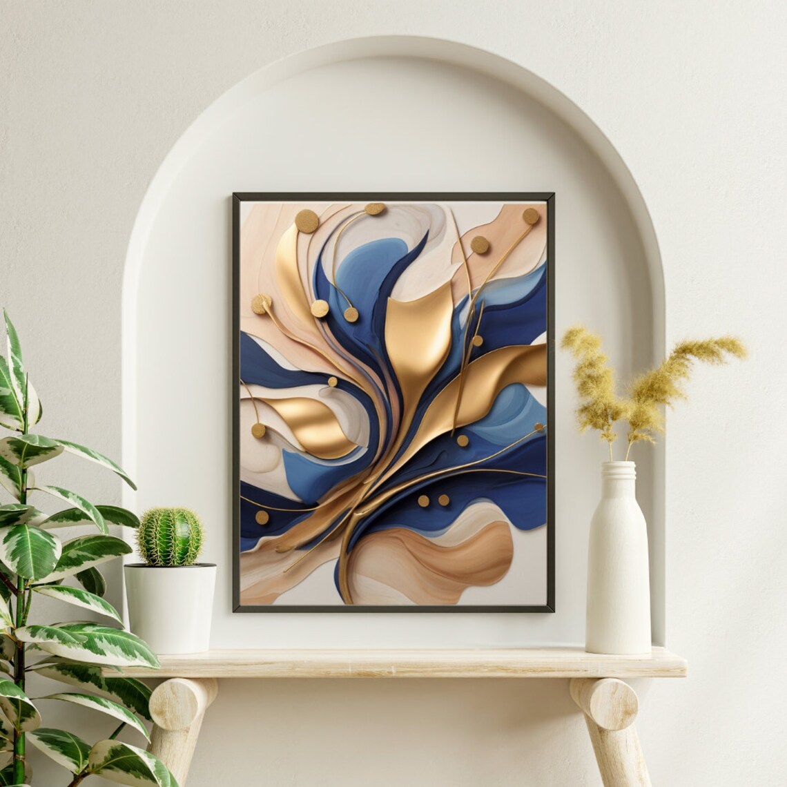Navy Blue and Gold Flowing Floral Modern Abstract Elegant Art Poster