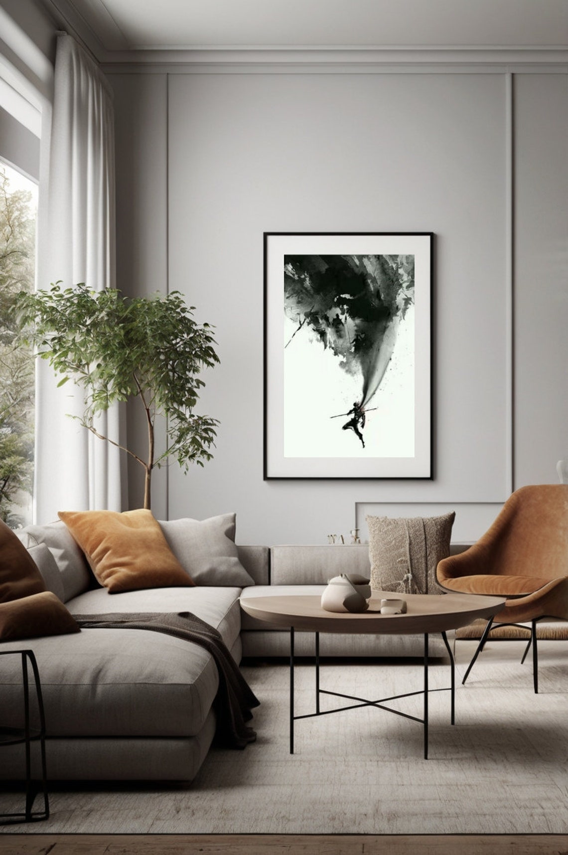 Ink Splash Samurai Jumping Japanese Watercolor Warrior Wall Art