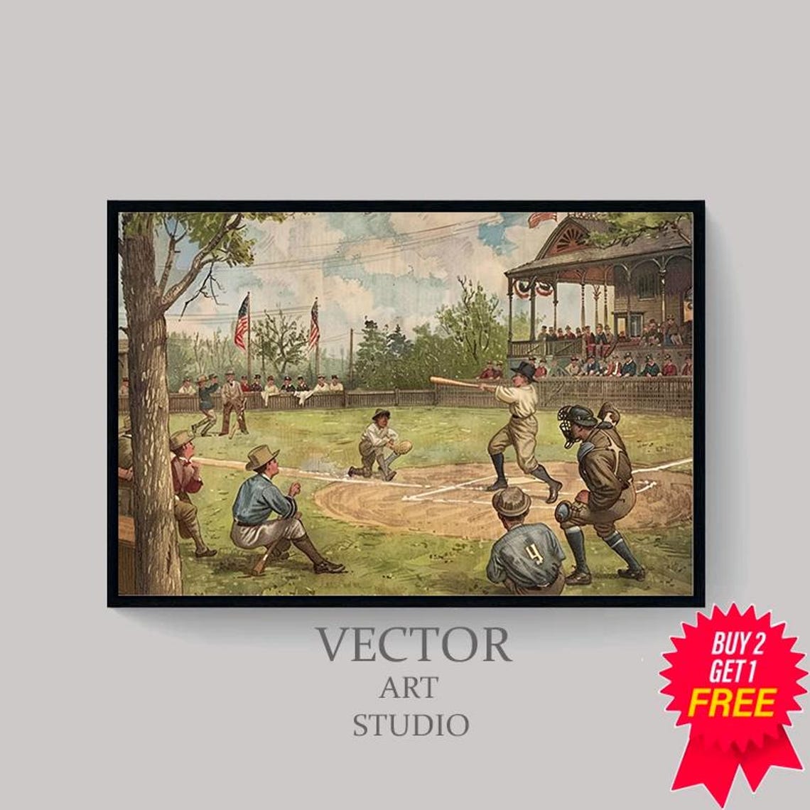 Old Time Baseball Pitcher Facing Batter Vintage Sports Poster - Image 4