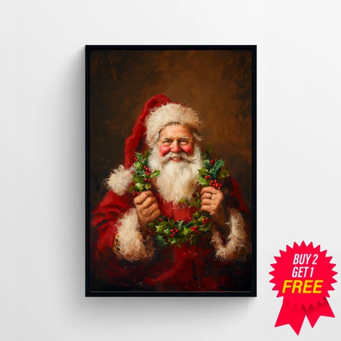 Vintage Santa Holding Holly Wreath Christmas Oil Painting Poster - Image 4