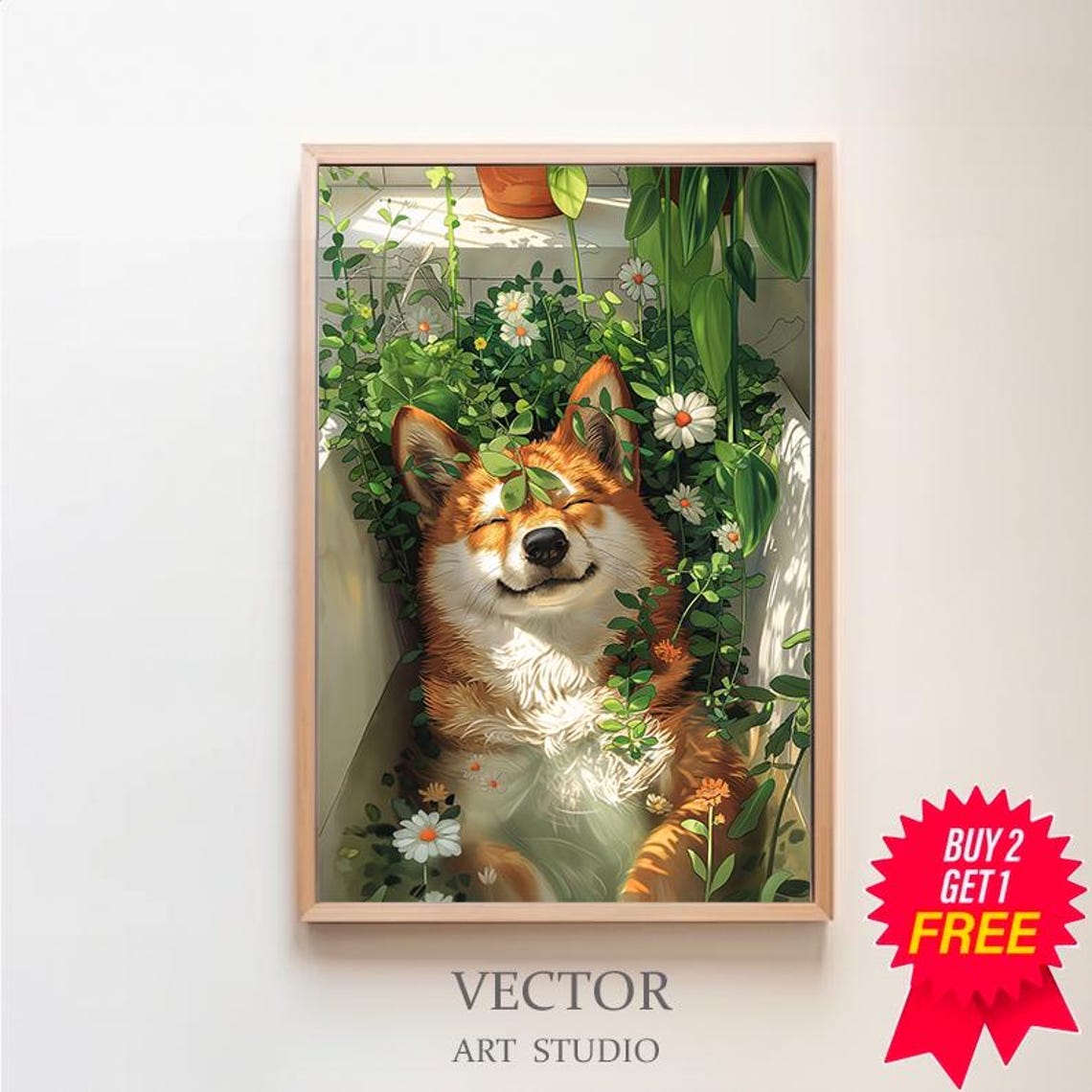 Sunlit Shiba Inu Smiling Blissfully Among Flowers in Bathtub Poster