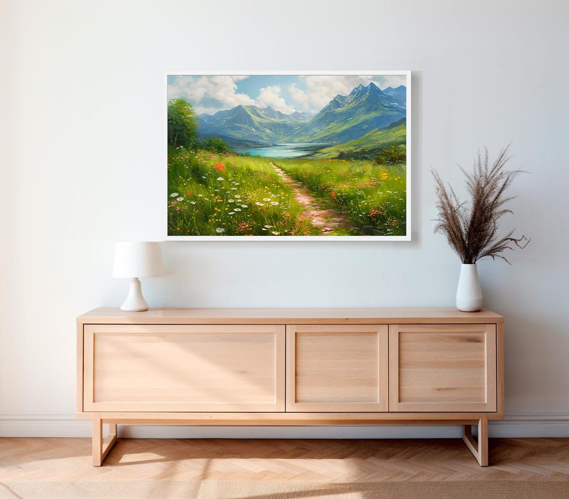Sunny Alpine Meadow Wildflower Path Below Vintage Mountains Poster - Image 2