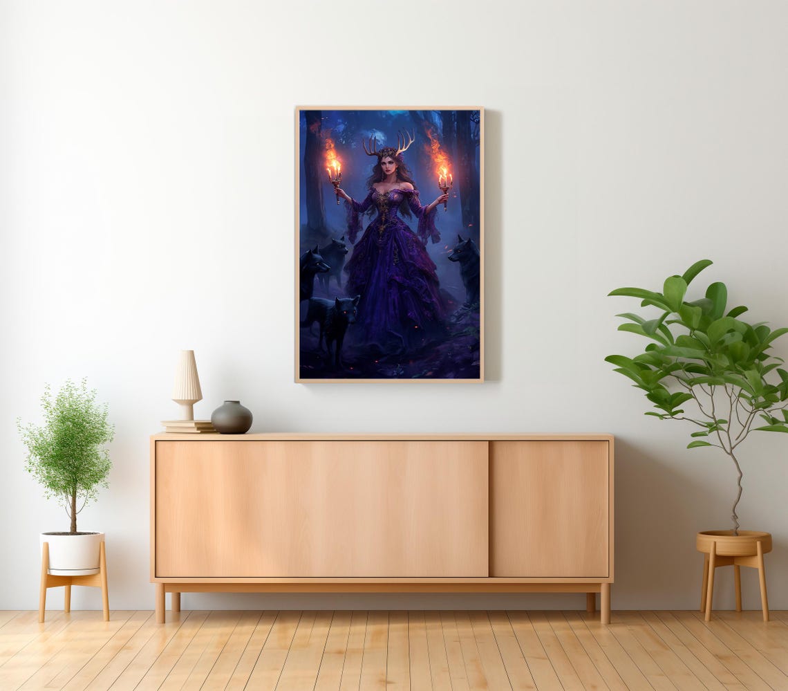 Hecate Dark Goddess with Flaming Torches and Black Hounds Poster - Image 2