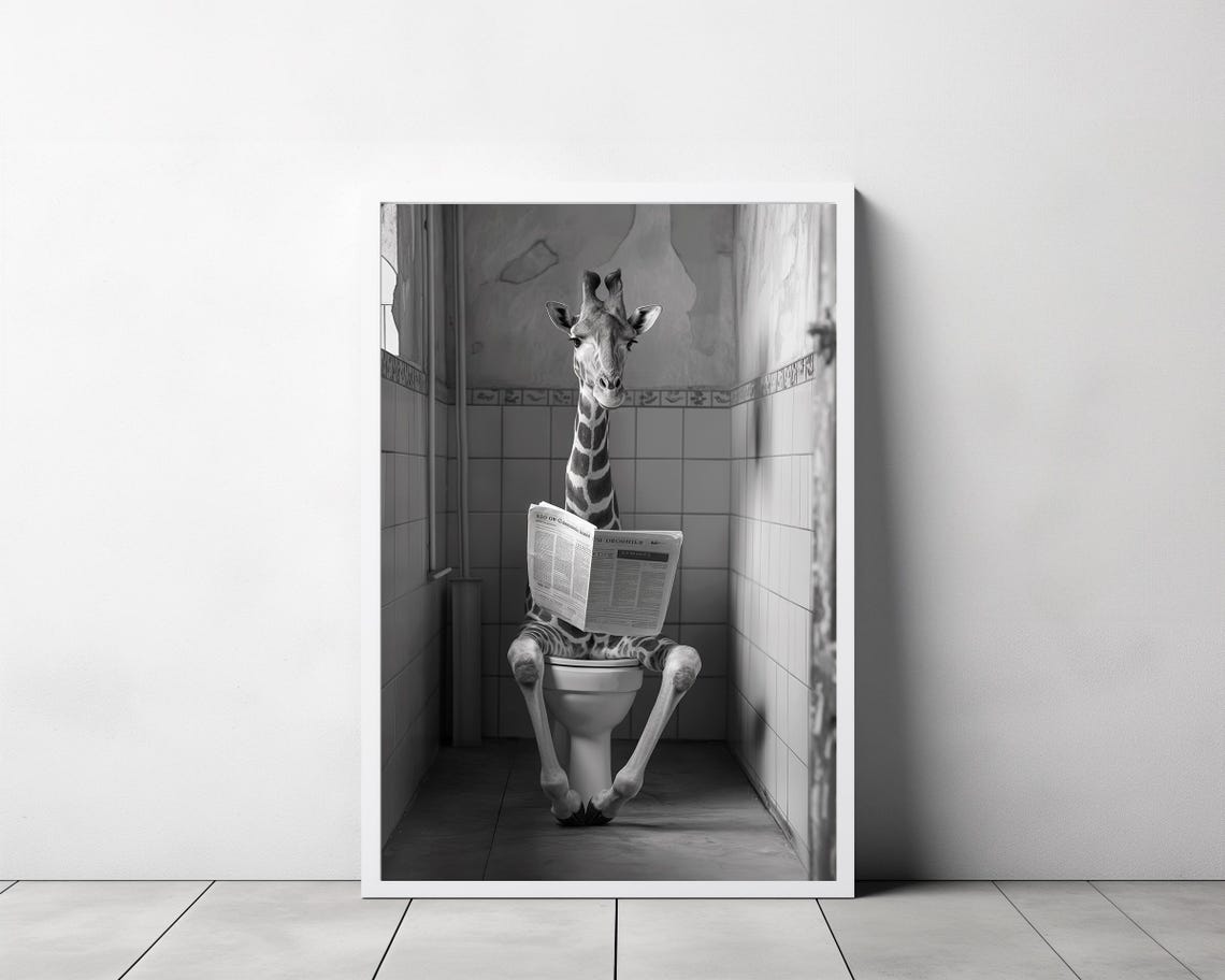 Giraffe Reading Her Newspaper on the Toilet Funny Bathroom Poster - Image 3