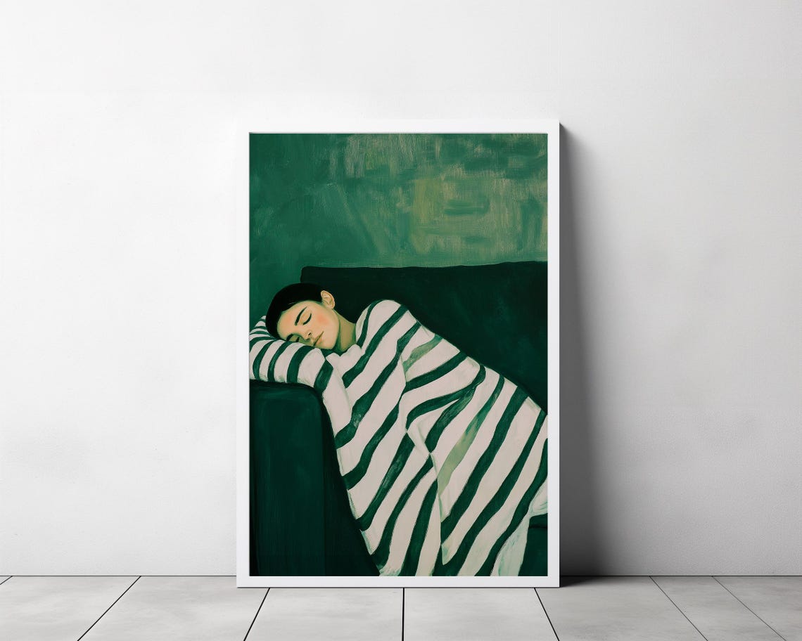 Sleeping Woman Green Couch Cozy Stripes Contemporary Art Poster - Image 3