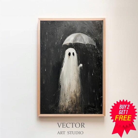 Lonely Ghost Holding White Umbrella Night Rain Oil Painting Poster