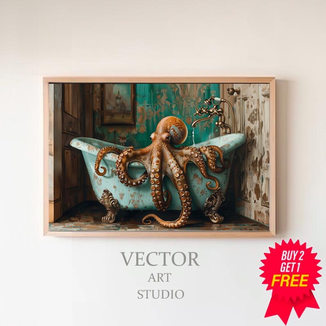 Octopus In The Bathtub Oil Painting Art Print