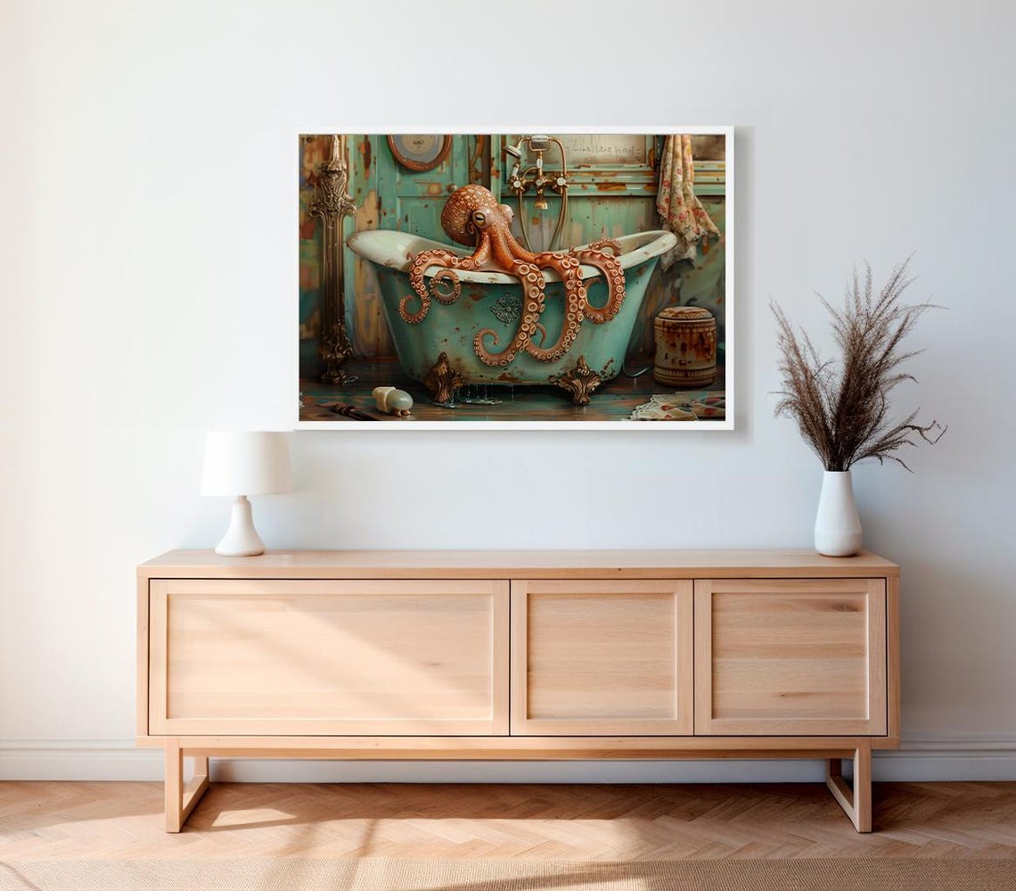 Playful Octopus Draped Over a Vintage Clawfoot Bathtub Art Poster - Image 2