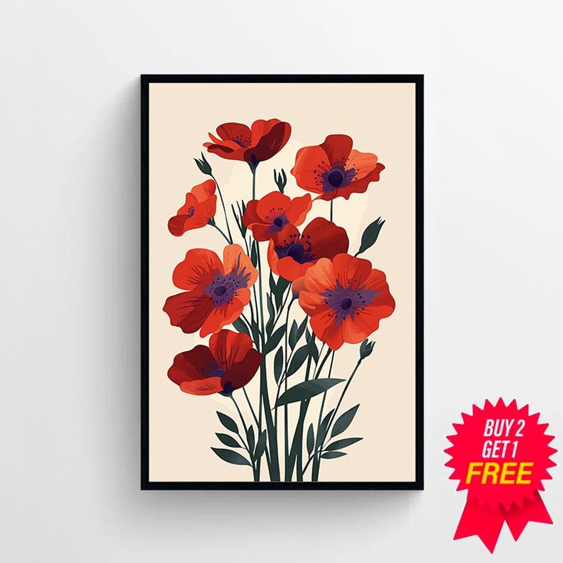 Vintage Red Poppy Bouquet on a Cream Background Bold Floral Poster - Image 4