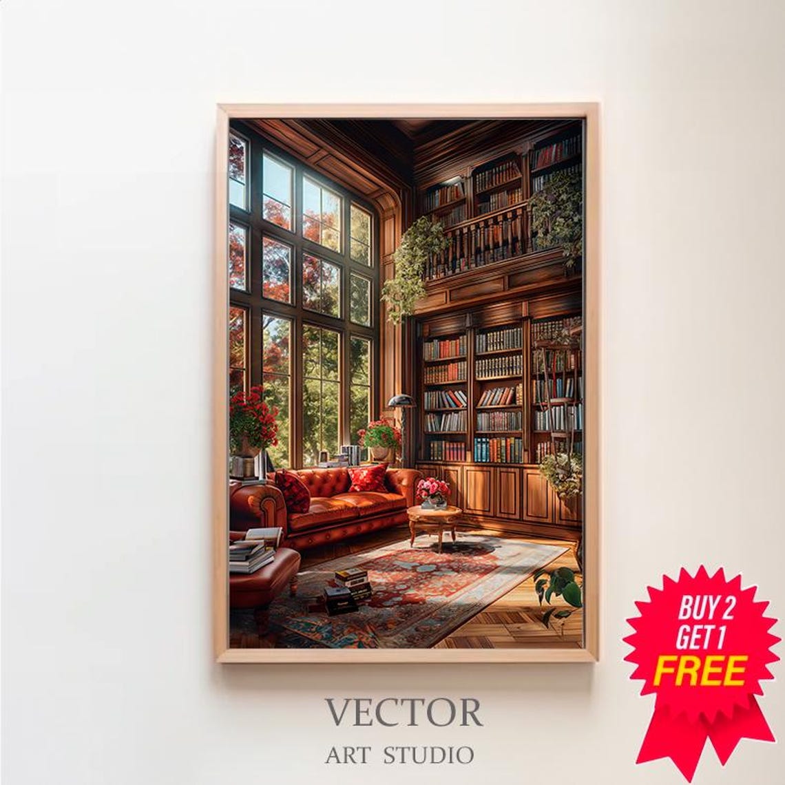 Cozy Wood-Paneled Autumn Library Corner with Leather Sofa Poster