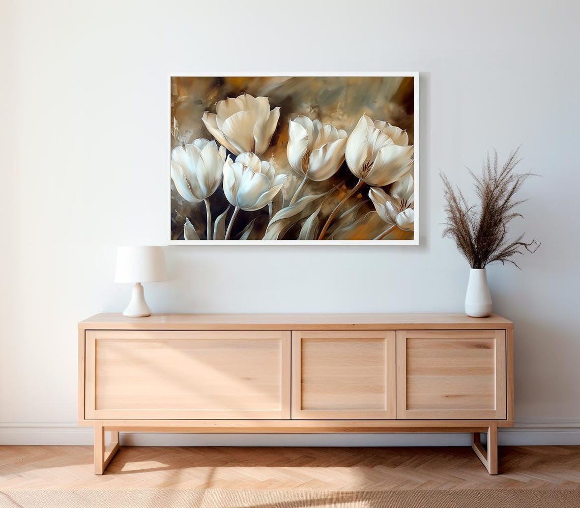 Cream White Tulips Moody Golden Floral Oil Painting Wall Art - Image 2