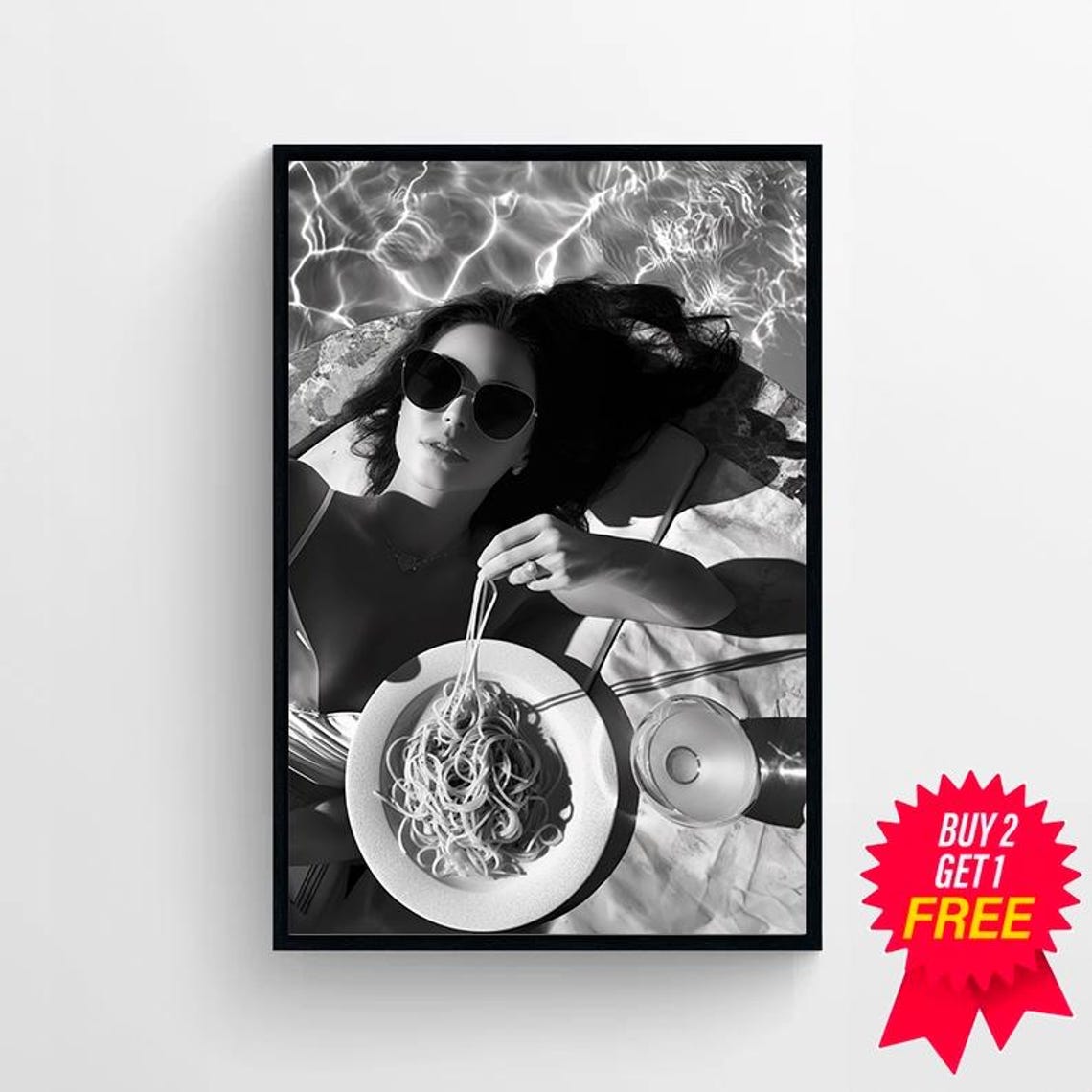 Woman In Sunglasses Eating Spaghetti By The Pool Black White Print - Image 4