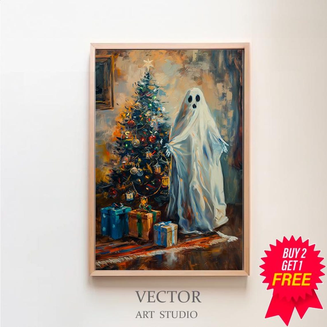 Ghost Beside Glowing Christmas Tree Warm Holiday Season Poster