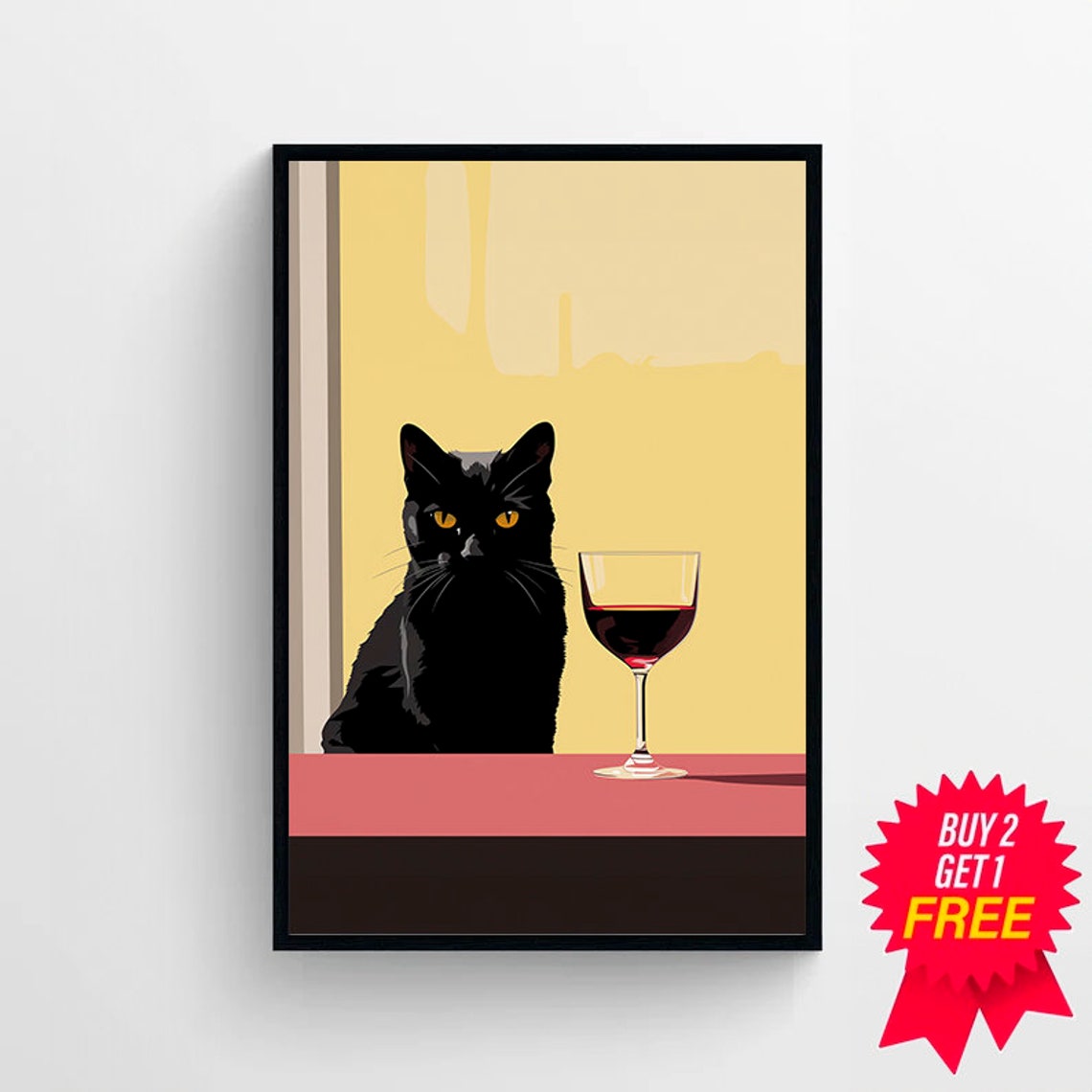 Black Cat Red Wine Glass Minimal Geometric Modern Fun Art Poster - Image 4