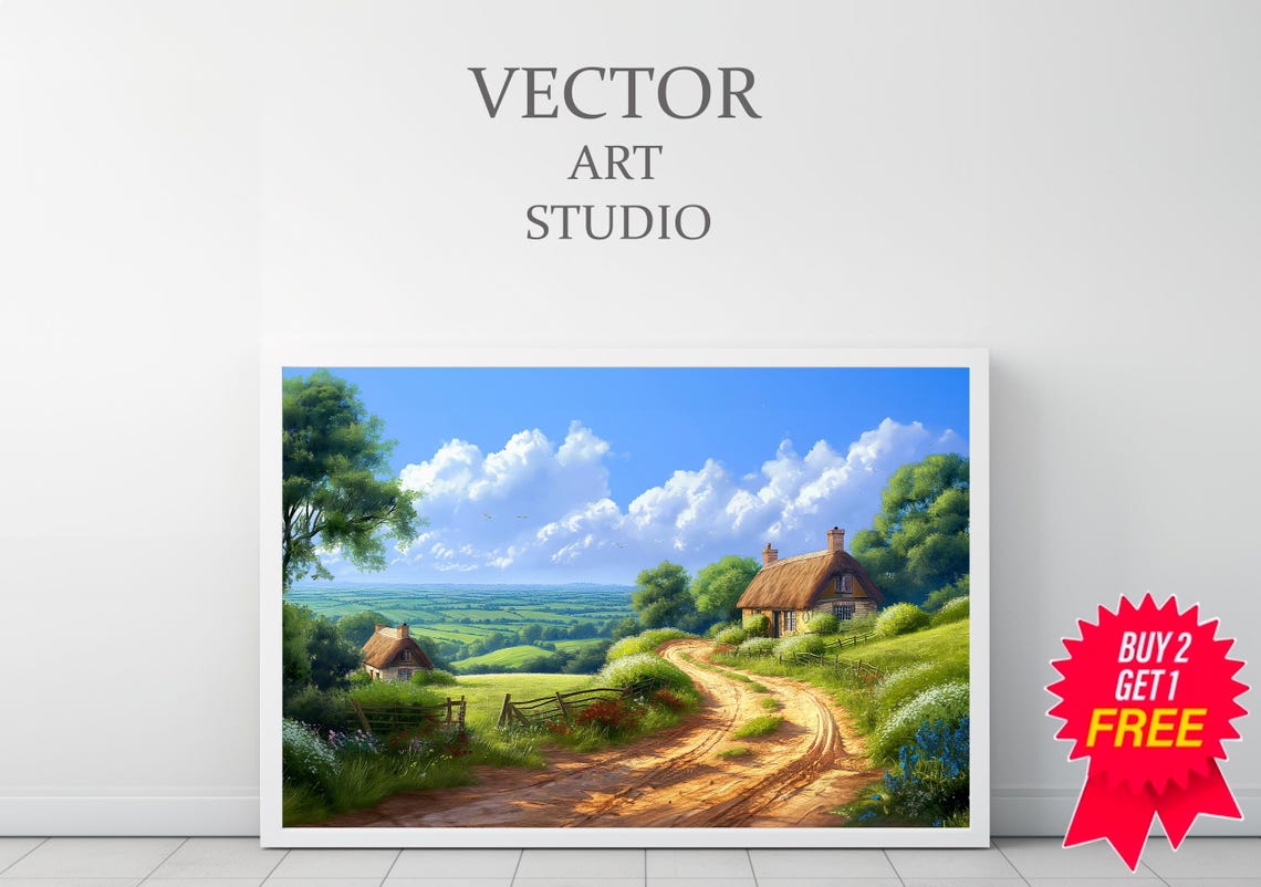 Thatched Cottages on a Bright Summer Day with Winding Road Poster - Image 3