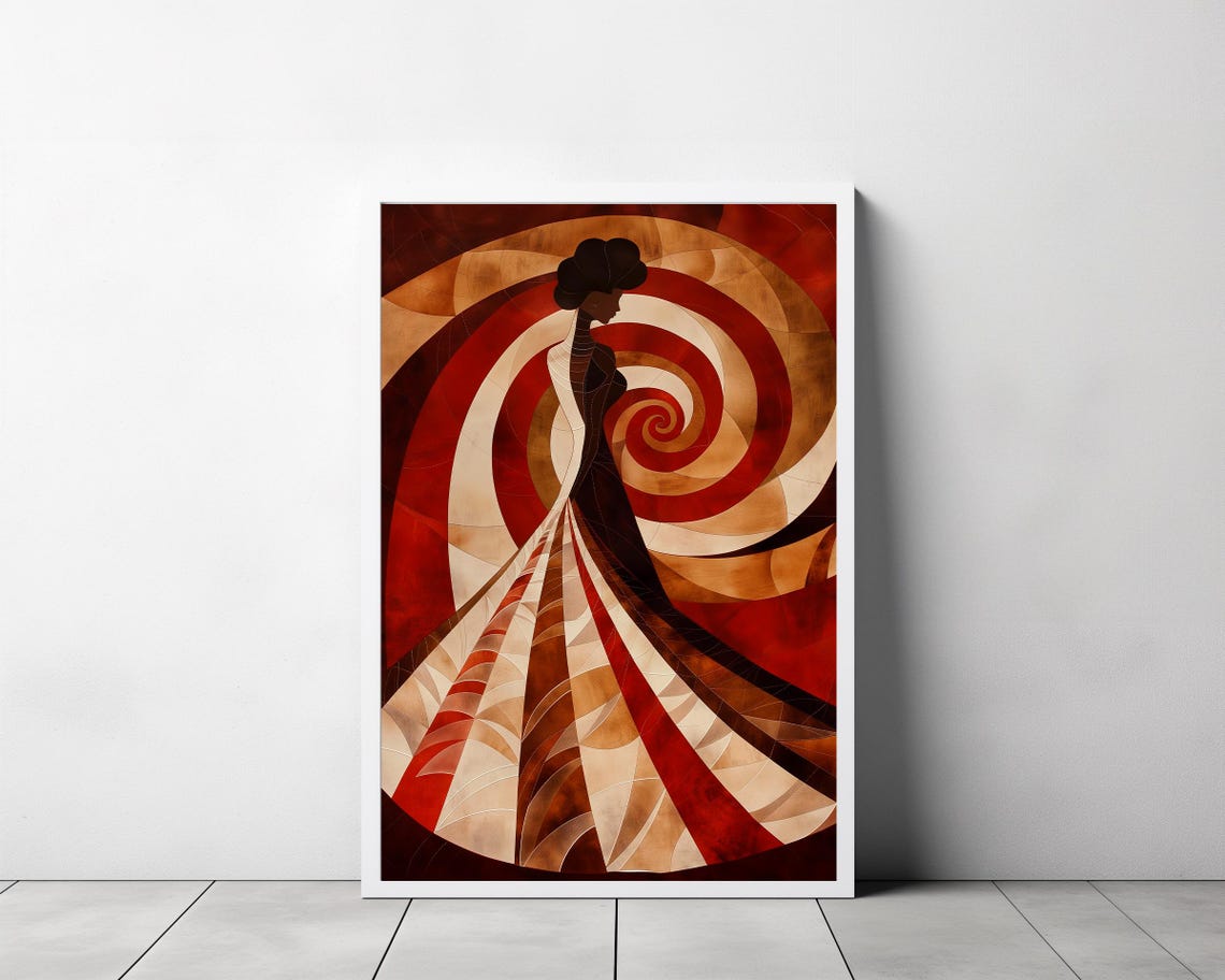 Red Swirl Mosaic Gown Elegant Woman Geometric Style Art Poster - Image 3
