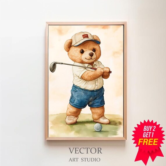 Teddy Bear Swinging Golf Club With Ball Watercolor Nursery Poster