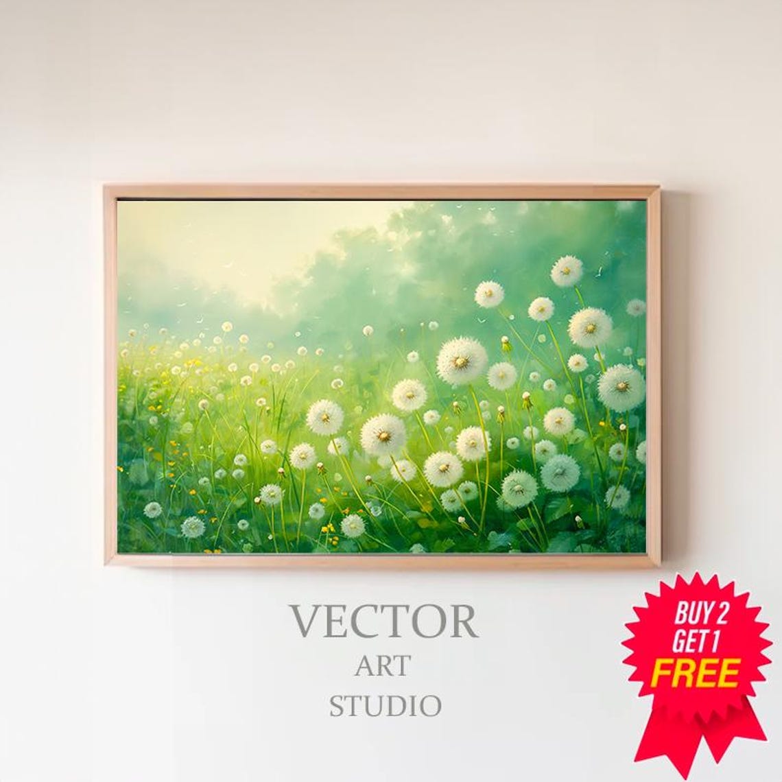 Dreamy Field of White Dandelion Puffs in Green Meadow Poster