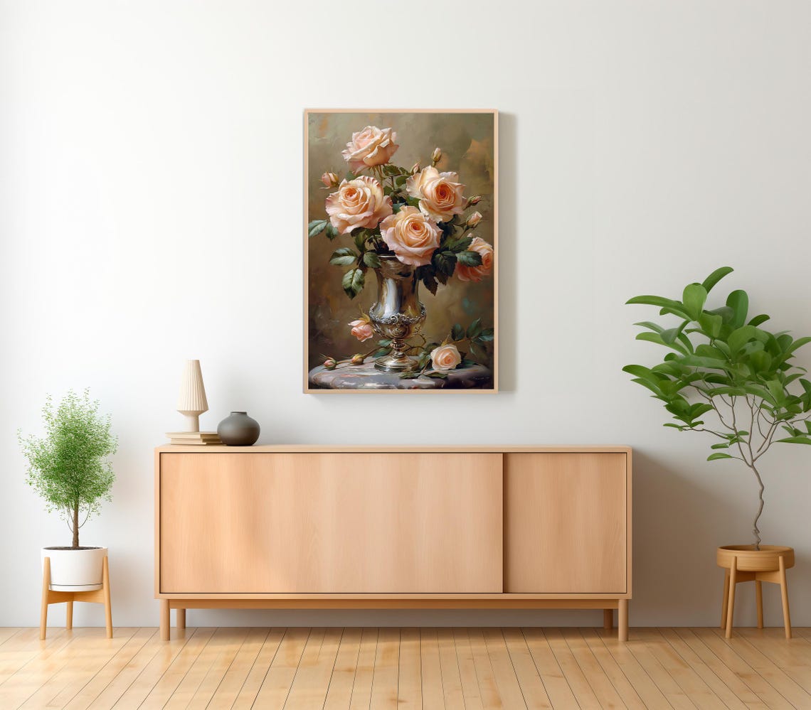 Peach Roses in Silver Vase Vintage Still Life Floral Fine Art Poster - Image 2