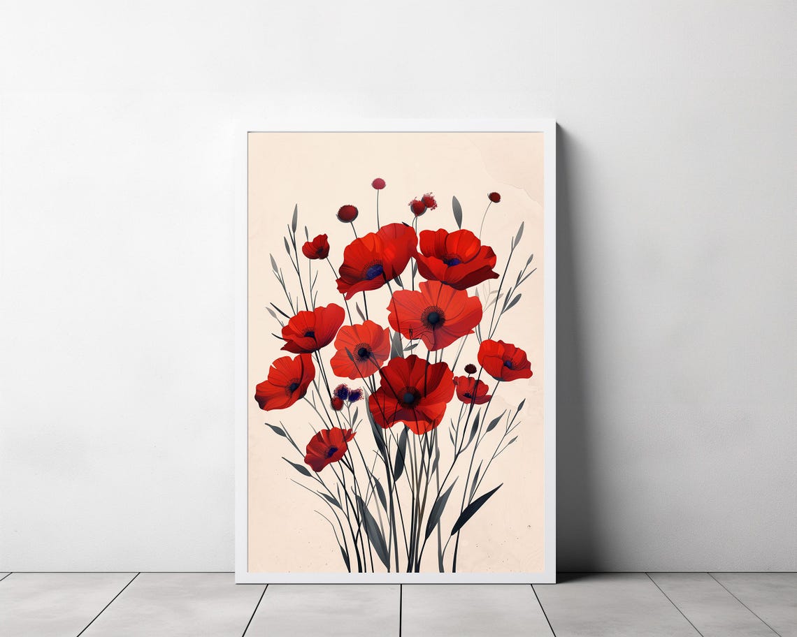Wild Red Poppies Meadow Bouquet on a Soft Cream Floral Art Poster - Image 3