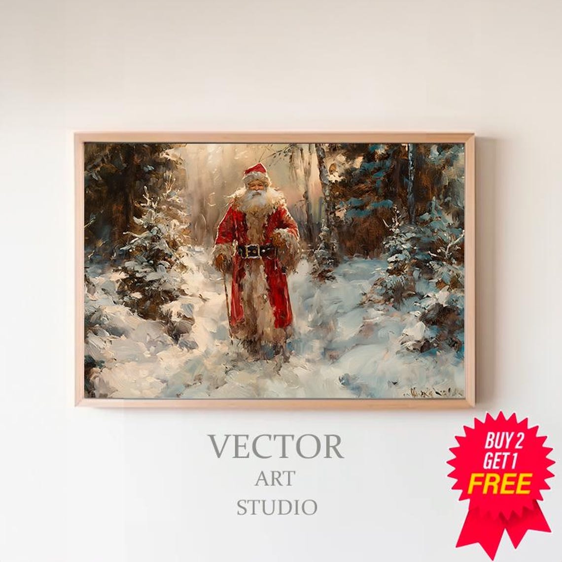 Vintage Santa Claus Walking Through Snowy Forest Christmas Poster