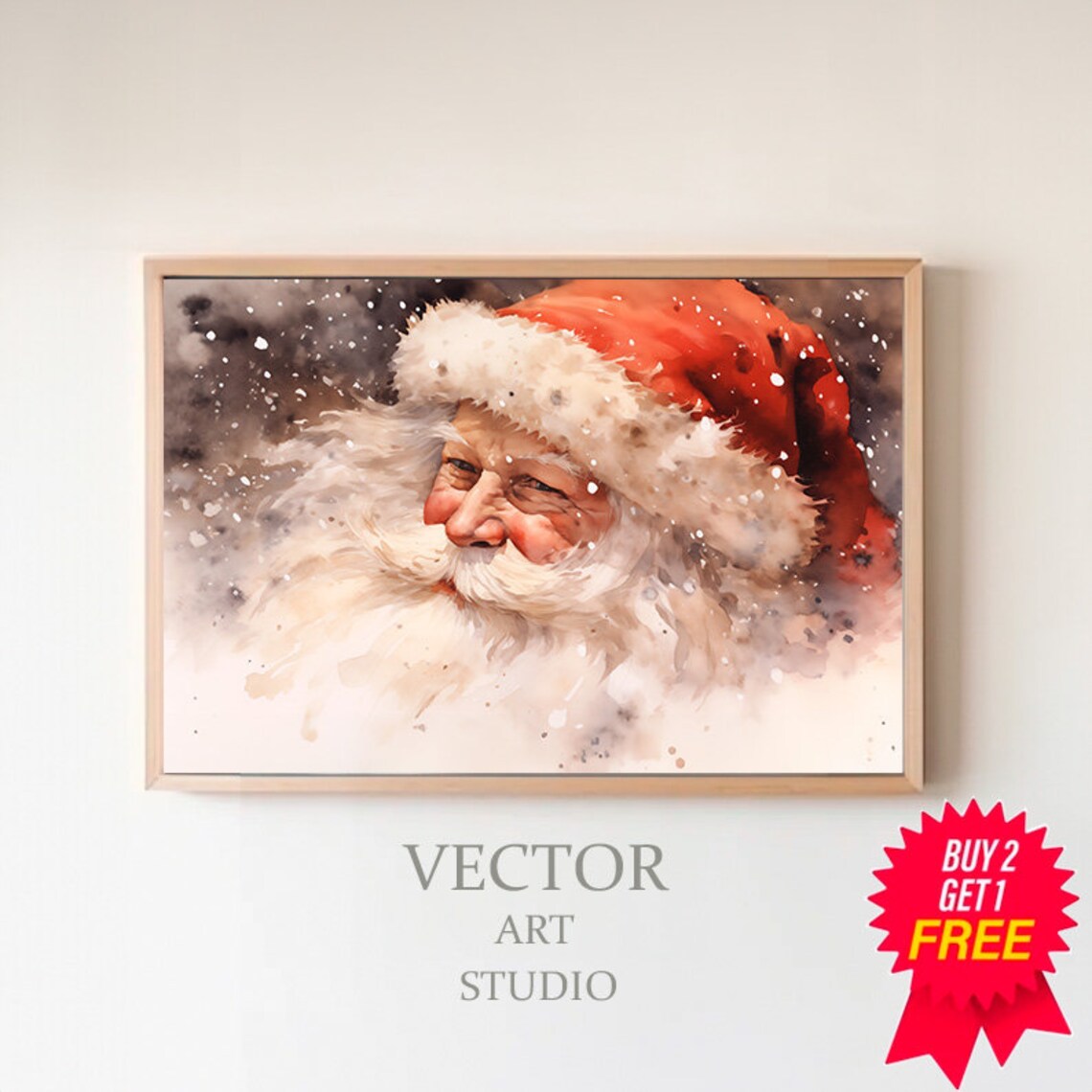 Laughing Santa Claus Close Portrait in a Snowy Watercolor Poster