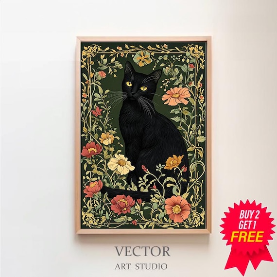 Black Cat in William Morris Style Botanical Garden Art Poster