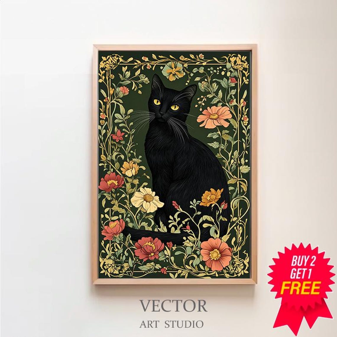 Black Cat in William Morris Style Botanical Garden Art Poster