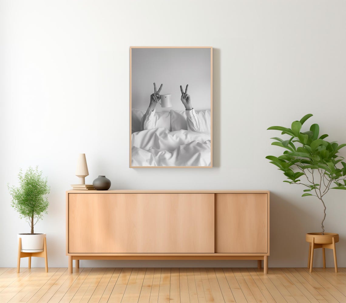 Woman Drinking Coffee In Bed Double Peace Sign Black White Print - Image 2